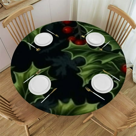 

Autua Holly Tree Red Berries Green Leaves Round Tablecloth 100% Polyester Washable Table Cover for Christmas Home Kitchen Outdoor Decoration 46 -50