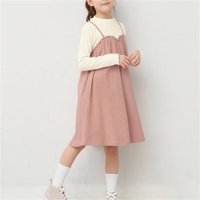 Odeerbi Niñas Punto Rib Twofer Vestido Manga Larga Algodón Primavera Otoño Color Sólido Cuello Redondo Vestido Suelto