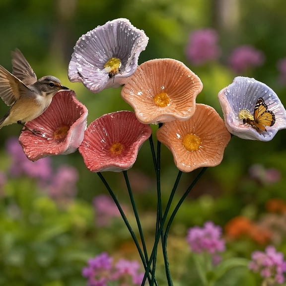 Zlinib Ceramic Bee Watering Station for Garden | 6Pcs 25cm Bee Blossoms for Water Ceramic | Pollinator Feeder Flowers for Bees | Water Drinking Station Bowl | Rain Catcher Mini Bird Baths On Stakes