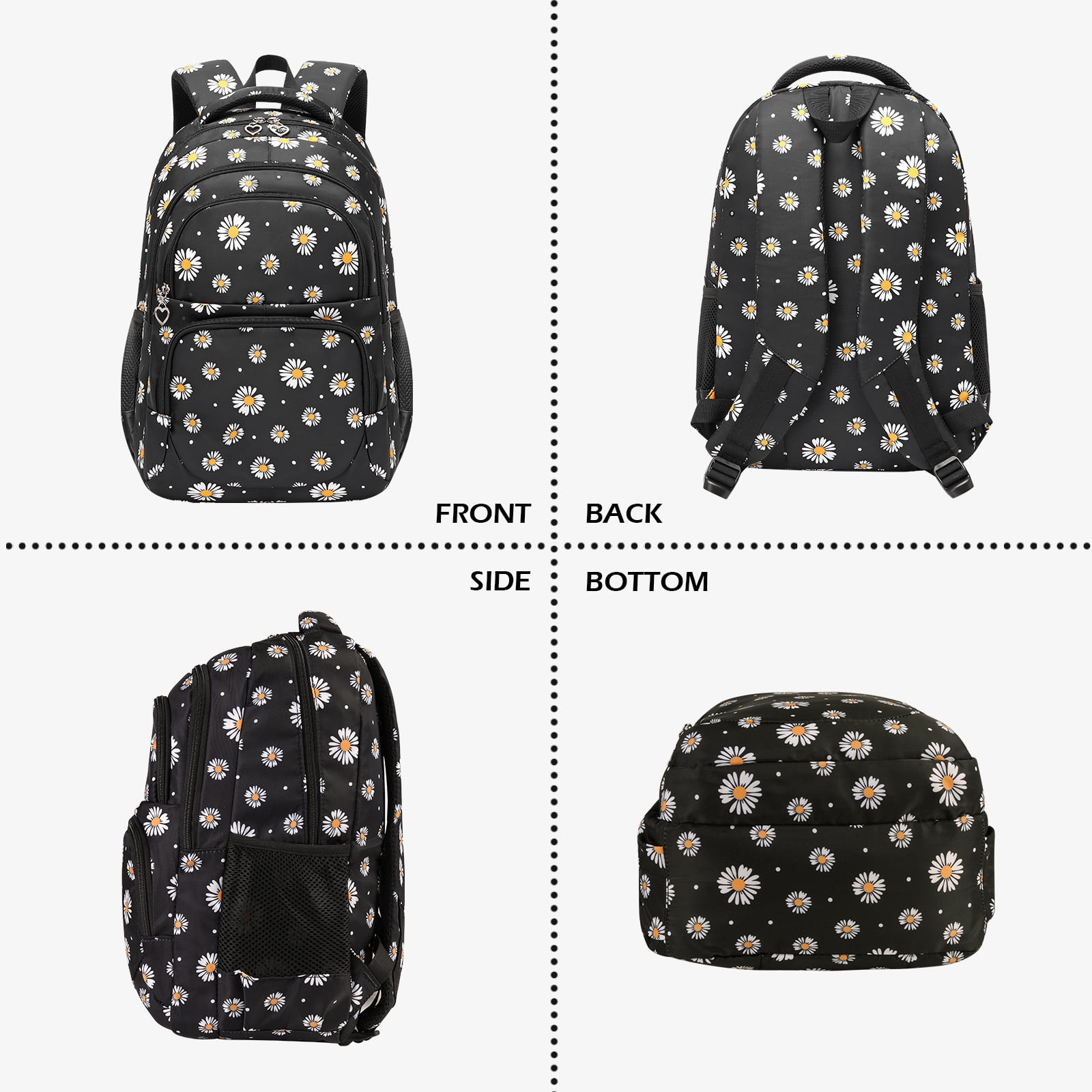 Forestfish 3-Piece Backpack Set for School,Large Capacity Teen Backpack with Insulated Lunch Bag & Pencil Case,Waterproof with Laptop Compartment & Side Pocket(Daisy A/Black)