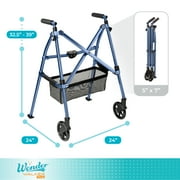 Stander Wonder Walker Plus, Lightweight Folding Rolling Walker for Seniors, Collapsible Travel EZ Fold-N-Go Walker with Wheels, Glides, Basket, Compact Standard Walker, Blue