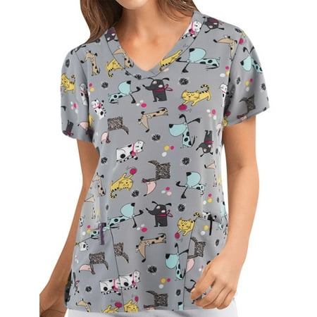 

Bomotoo Womens Cartoon Print Scrubs Tops Casual Tunic Shirts Ladies Short Sleeve Workwear Nursing Tops Shirt
