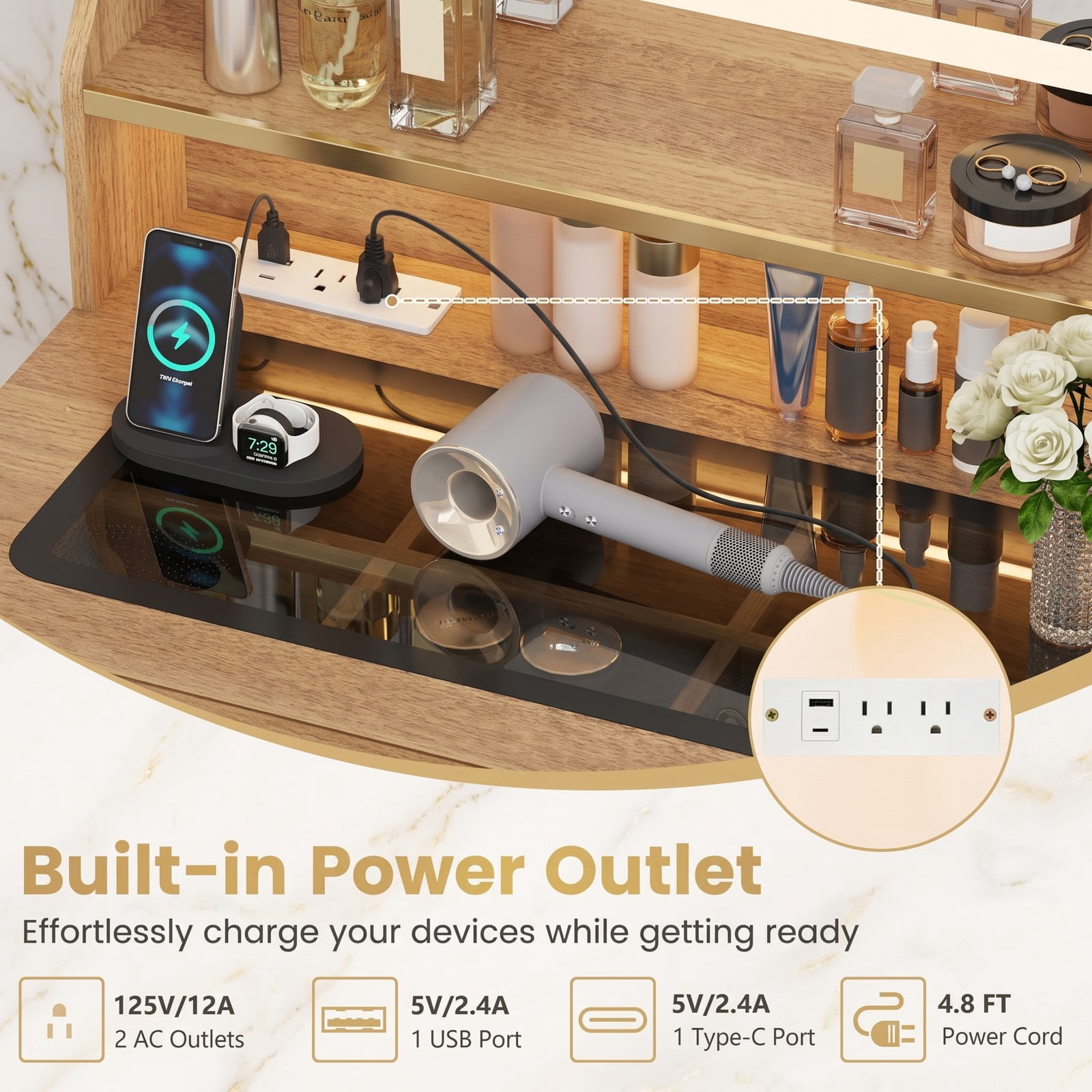 Furnibear Small Vanity Desk with 3 Mode Lighted Mirror and Charging Outlets and Cushioned Storage Stool for Small Bedroom and Makeup, Natural