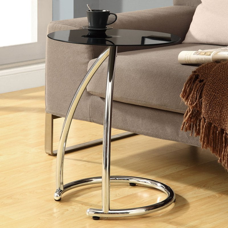 Metal Accent Table with Black Tempered Glass, Chrome