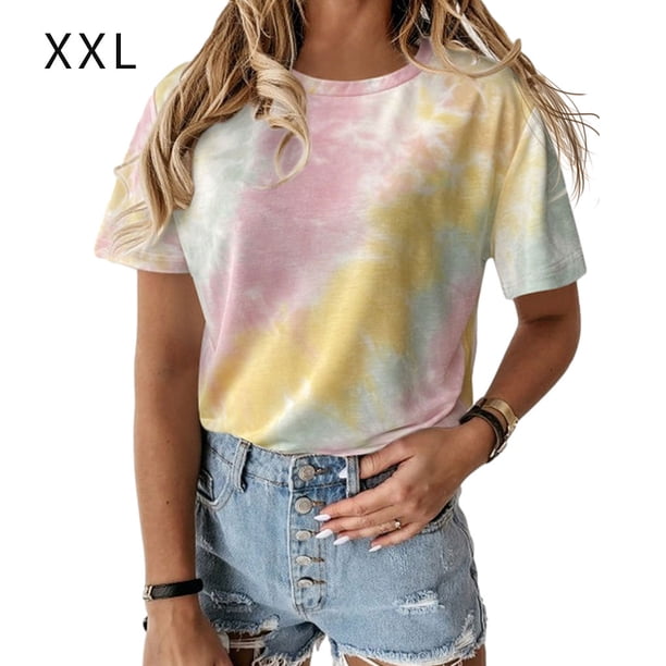 Camiseta de mujer Cuello redondo Manga corta Tie-dye Printed Casual Top, Caqui, XXL AweSitey AP000470-27