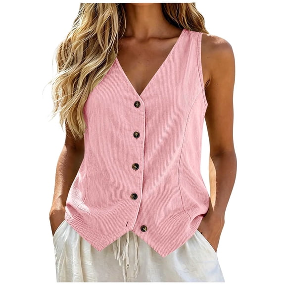 V Neck Button Front Corduroy Vest Top Solid Casual Layering Waistcoat for Women Spring Fall Daily Office Wear S-XXL