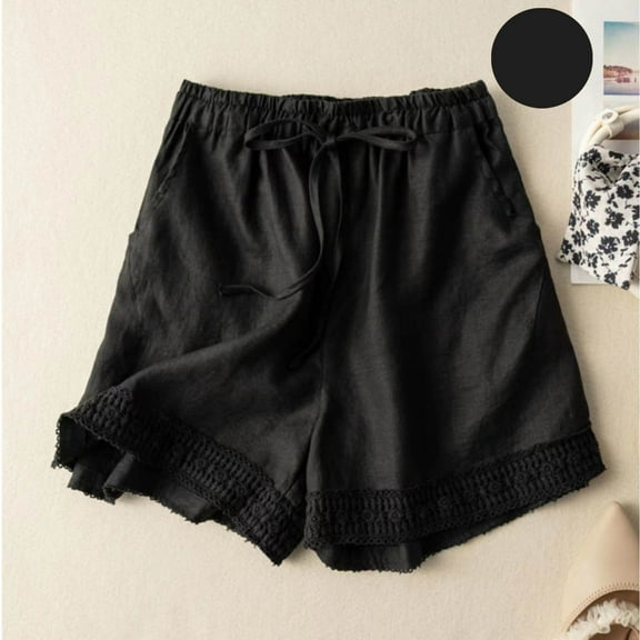 Cotton Linen Pants 2025 Summer Retro Hollow Lace Shorts Loose, Black M-3XL