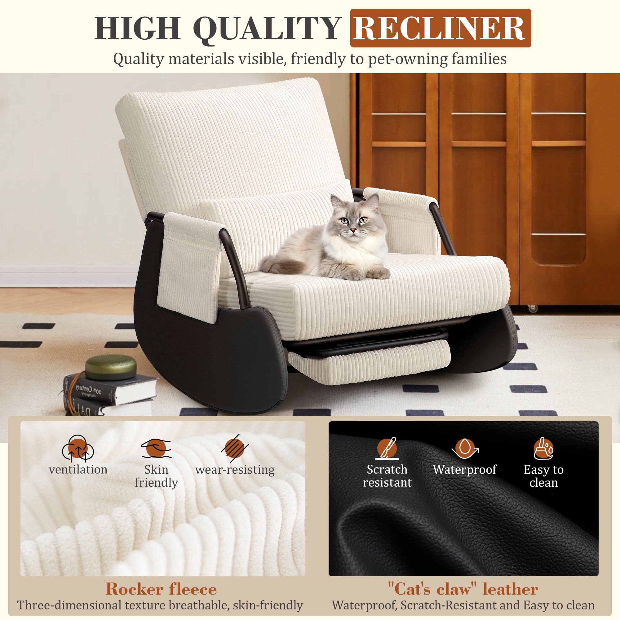 Primy Nursery Rocking Chair, Low-Seat Glider Chair, Upholstered Rocking Accent Chair Recliner with Side Pocket and Foot Rest for Mom Nursery Living Room Bedroom