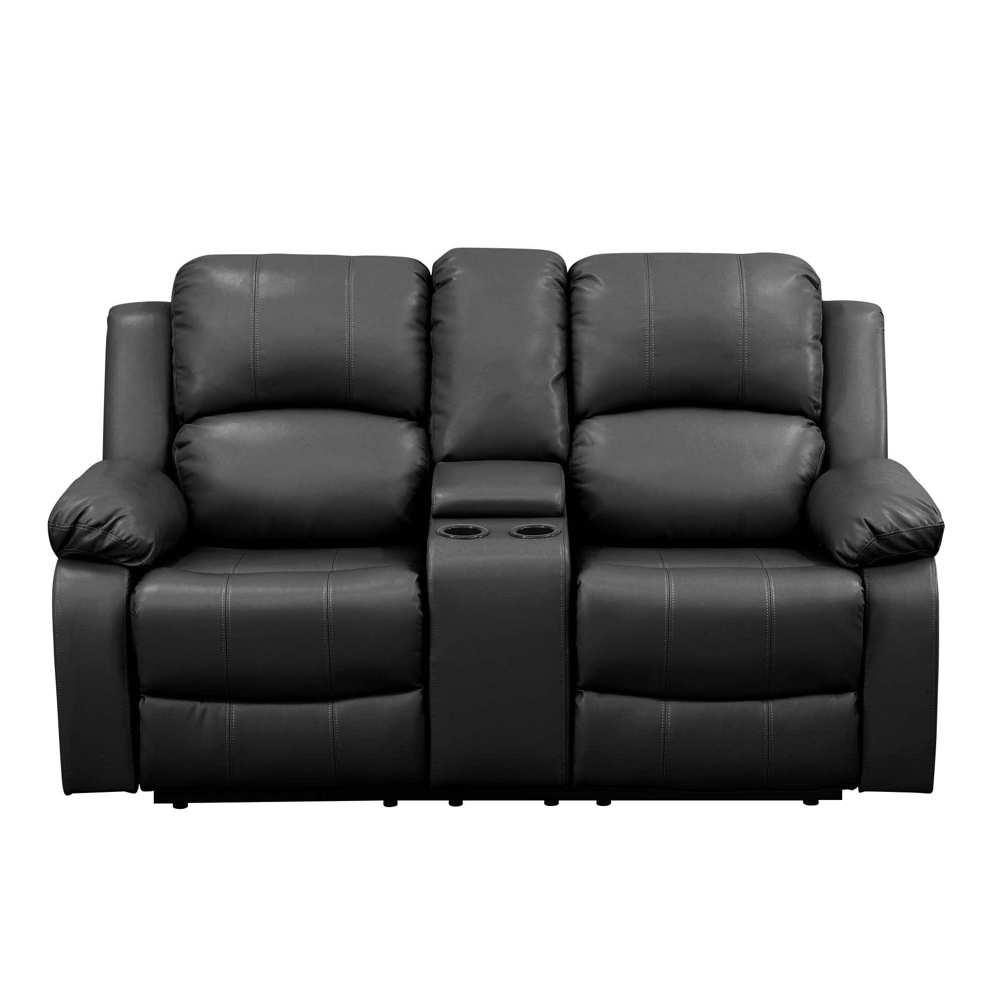 Aukfa Double Manual Recliner Chair, Overstuffed Loveseat with Cupholder for Living Room, Black