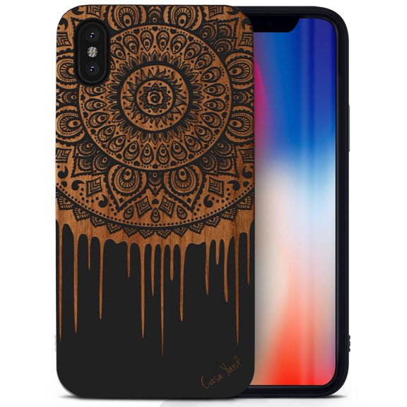Case Yard Wooden Case for iPhone-X Soft TPU Silicone cover Slim Fit Shockproof Wood Protective Phone Cover for Girls Boys Men and Women Supports Wireless Charging Dripping Mandala Design