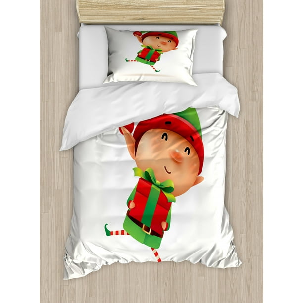 Elf Duvet Cover Set Twin Size, Little Boy Holding a Present Jumping up