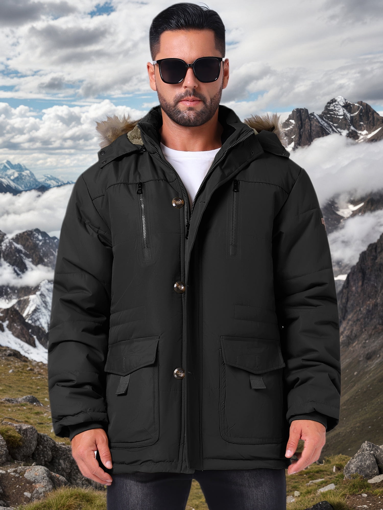 DARING DIVA Men's Winter Warm Coat Fleece Lined Thicken Hooded Parka Jacket L Black