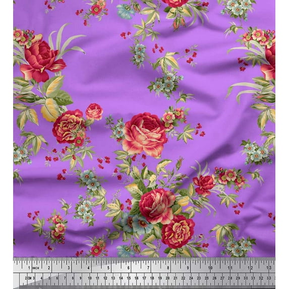 Soimoi Cotton Duck Fabric Leaves,Red Berries & Rose Floral Printed Craft Fabric by The Yard 56 Inch Wide