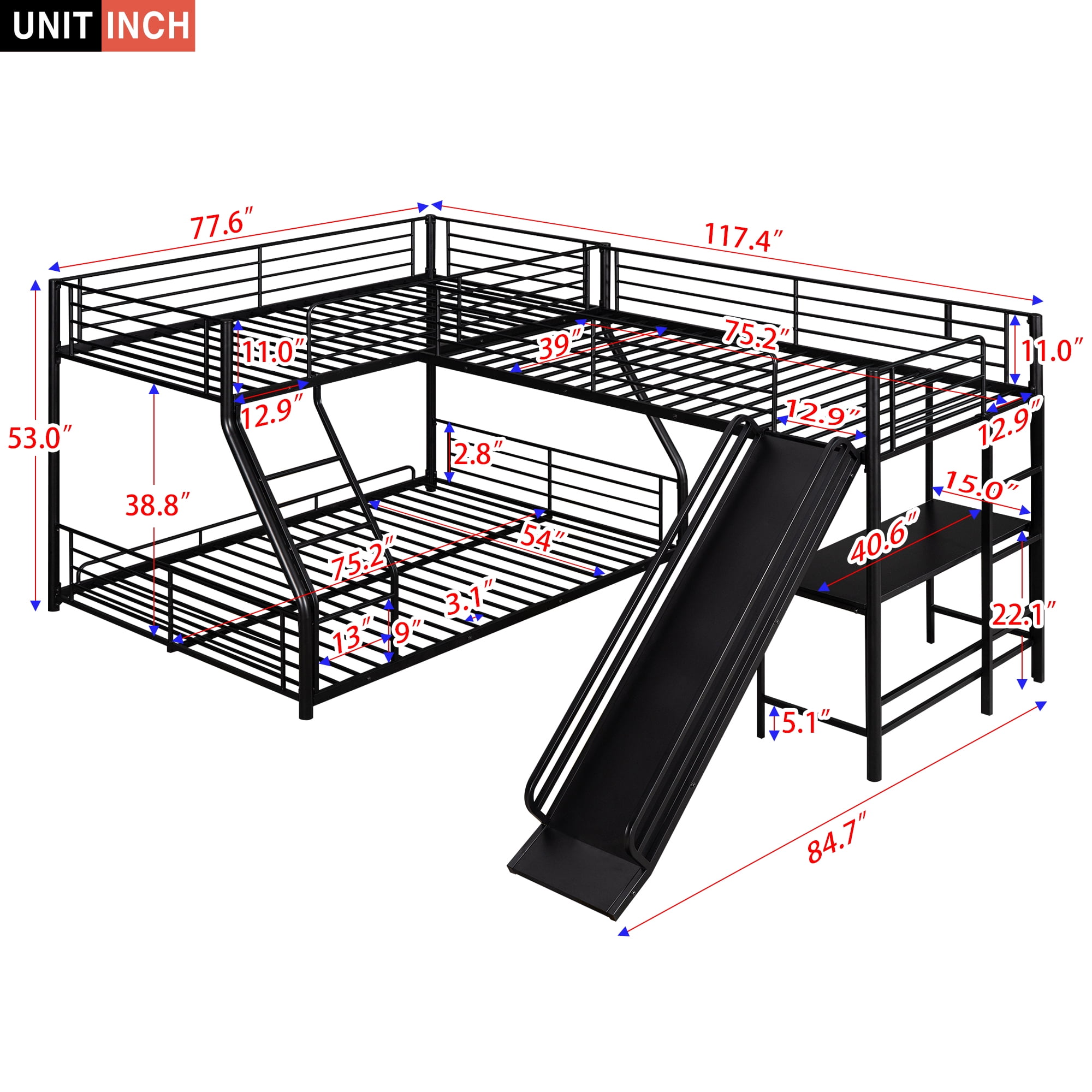Aukfa Triple Bunk Bed with Desk and Slide, L-Shaped Metal Low Bunk Bed with a Twin Loft Bed for 3 Kids, Twin Over Full - Black
