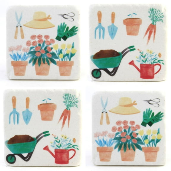 Tabletop Gardening Coaster Set/4 Resin Flowers Hat Wheel Barrow Cg175957