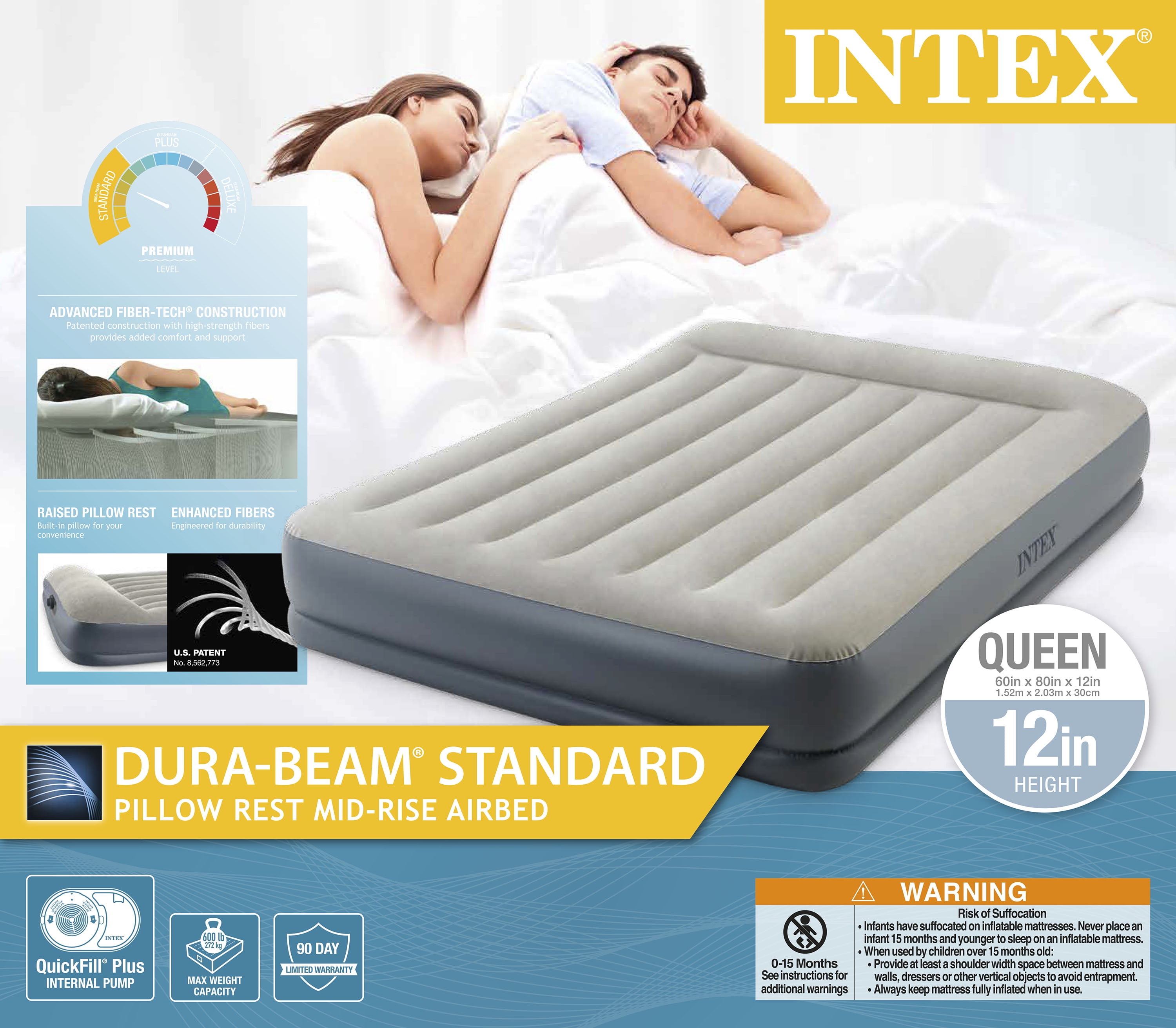 2 Pack Intex Queen Classic Pillow Rest Airbed Air Mattress with Built-In Pump 