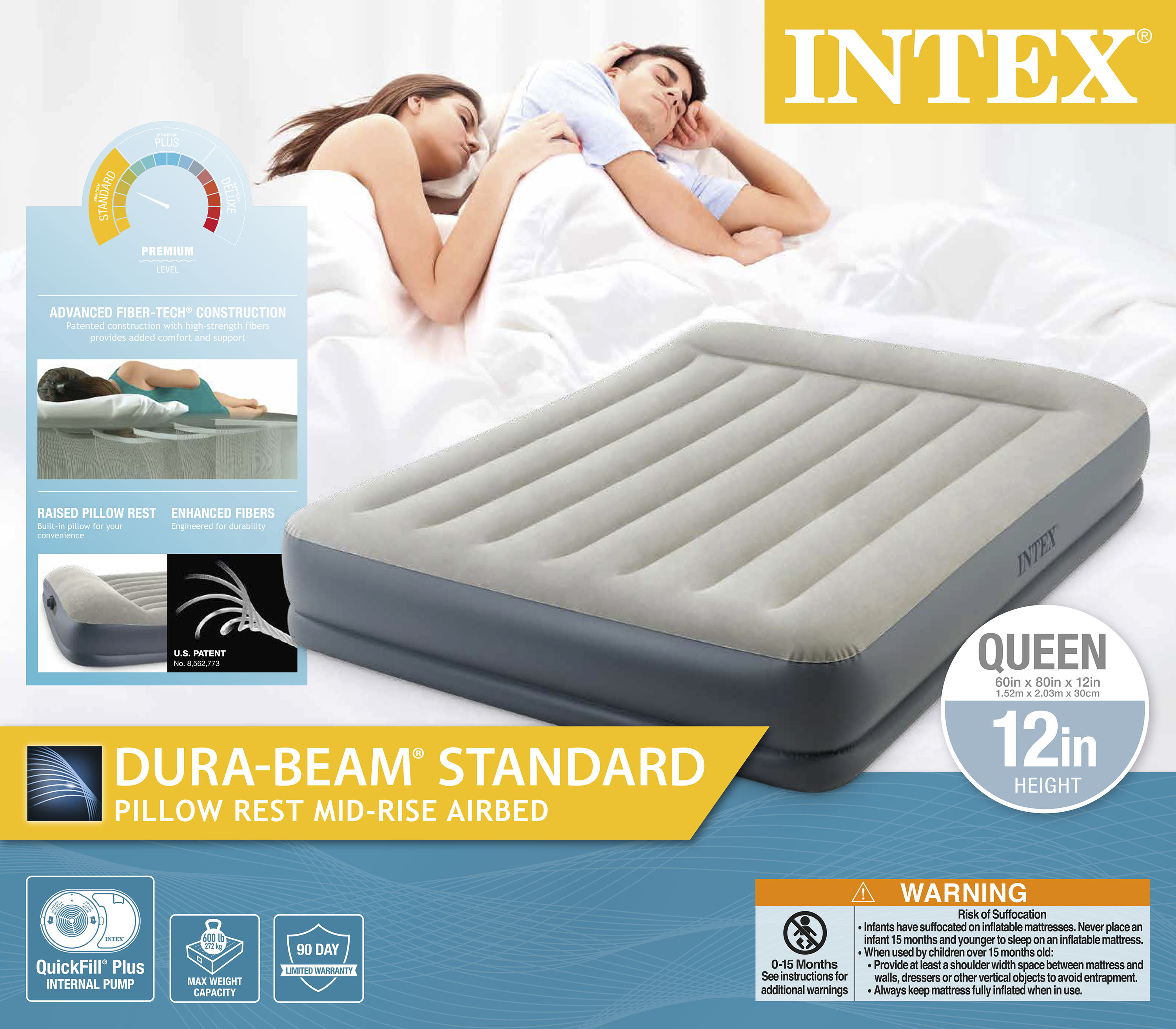 Intex Dura-Beam 12 inch Pillow Rest Mid-Rise Air Bed Mattress with Built-in Pump, Queen - image 2 of 13