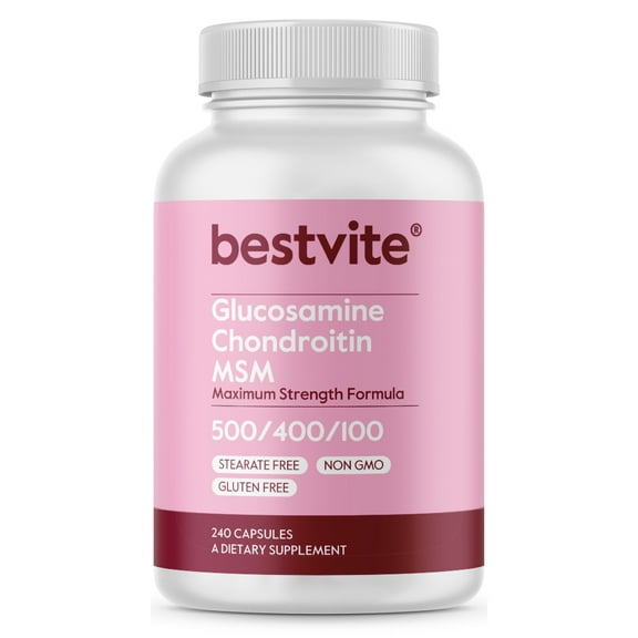 Bestvite Glucosamine – Chondroitin MSM 500/400/100 per Capsule (240 Capsules) with Patented OptiMSM - Maximum Strenght Formula for Joint Support - No Stearates - Gluten Free - Non GMO