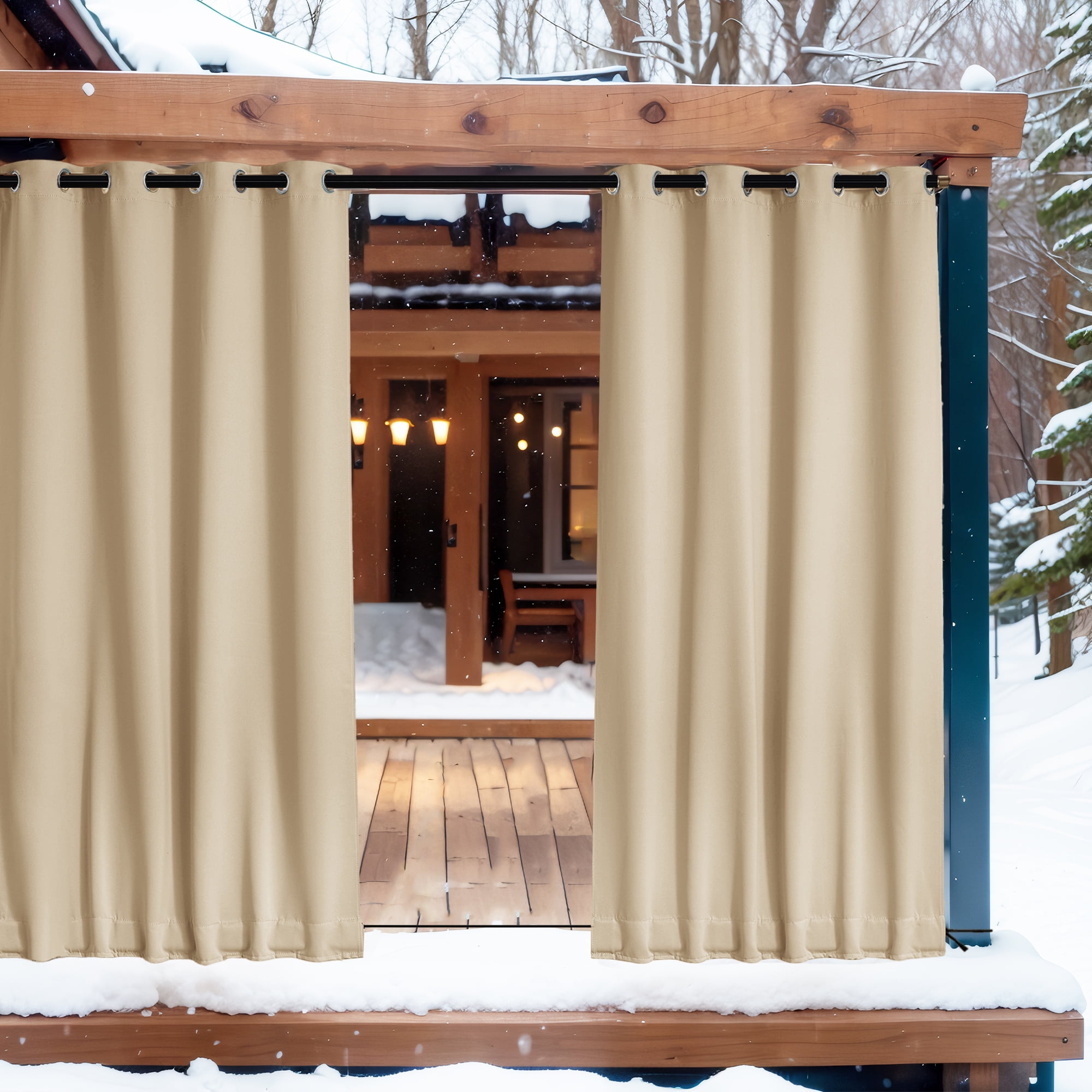 NICETOWN 2 Panels Outdoor Patio Curtains Windproof Top & Bottom Grommet & Back Tab, Biscotti Beige, W52 x L84, Thermal Insulated Windproof Drapes Keep Privacy for Yard/Porch with Ropes for Fixed