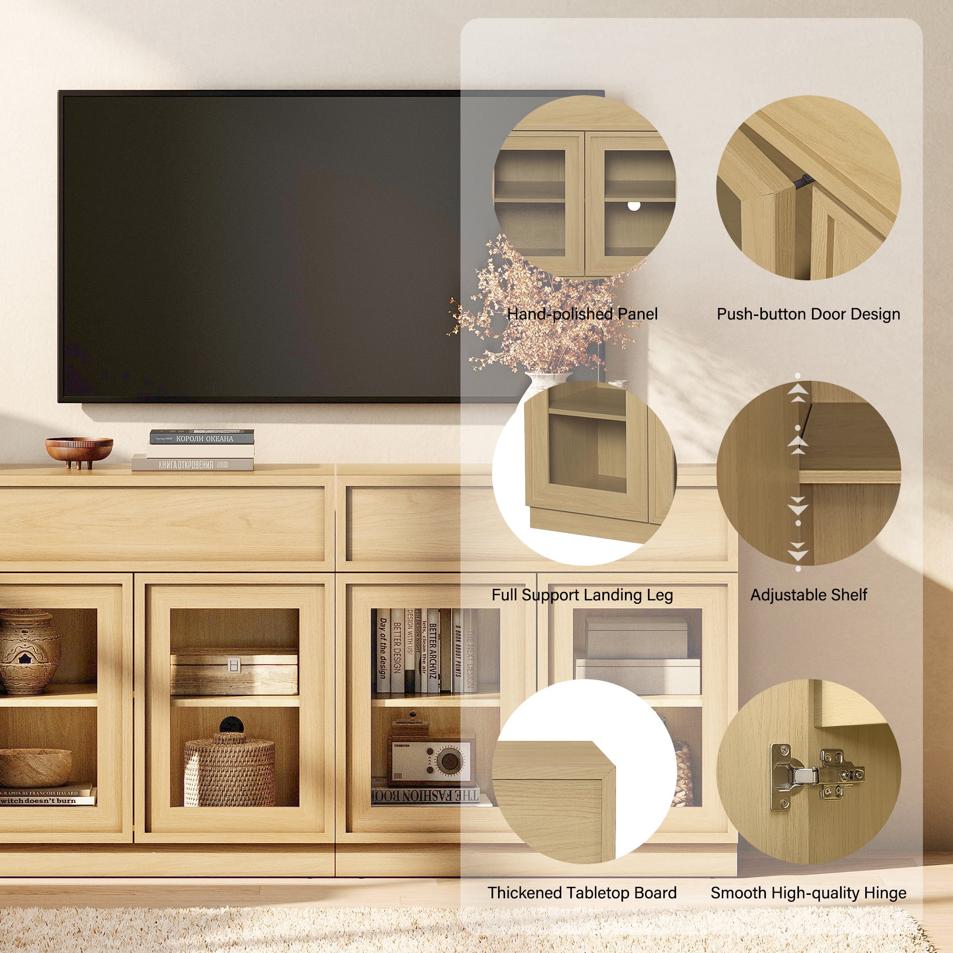 63" Modern Sideboard Buffet Cabinet with 4 Glass Doors and Drawers, Multifunctional Sideboard with Large Storage and Adjustable Shelf, Oak