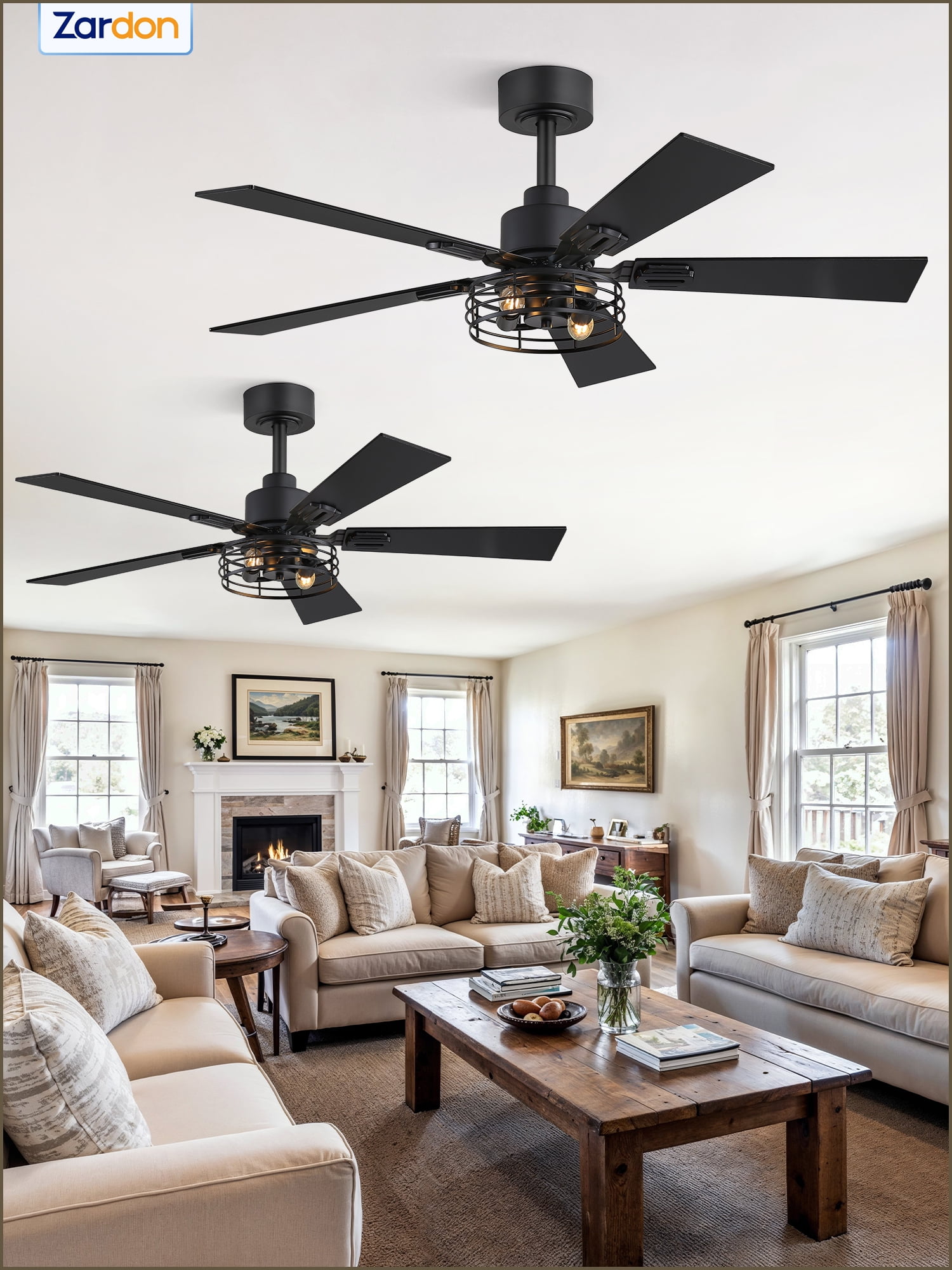 Zardon 42" Black Farmhouse Ceiling Fans with Light and Remote, 2 Pack Industrial Caged Fans with Quiet DC Motor, 6-Speed for Bedroom, Living Room, Indoor