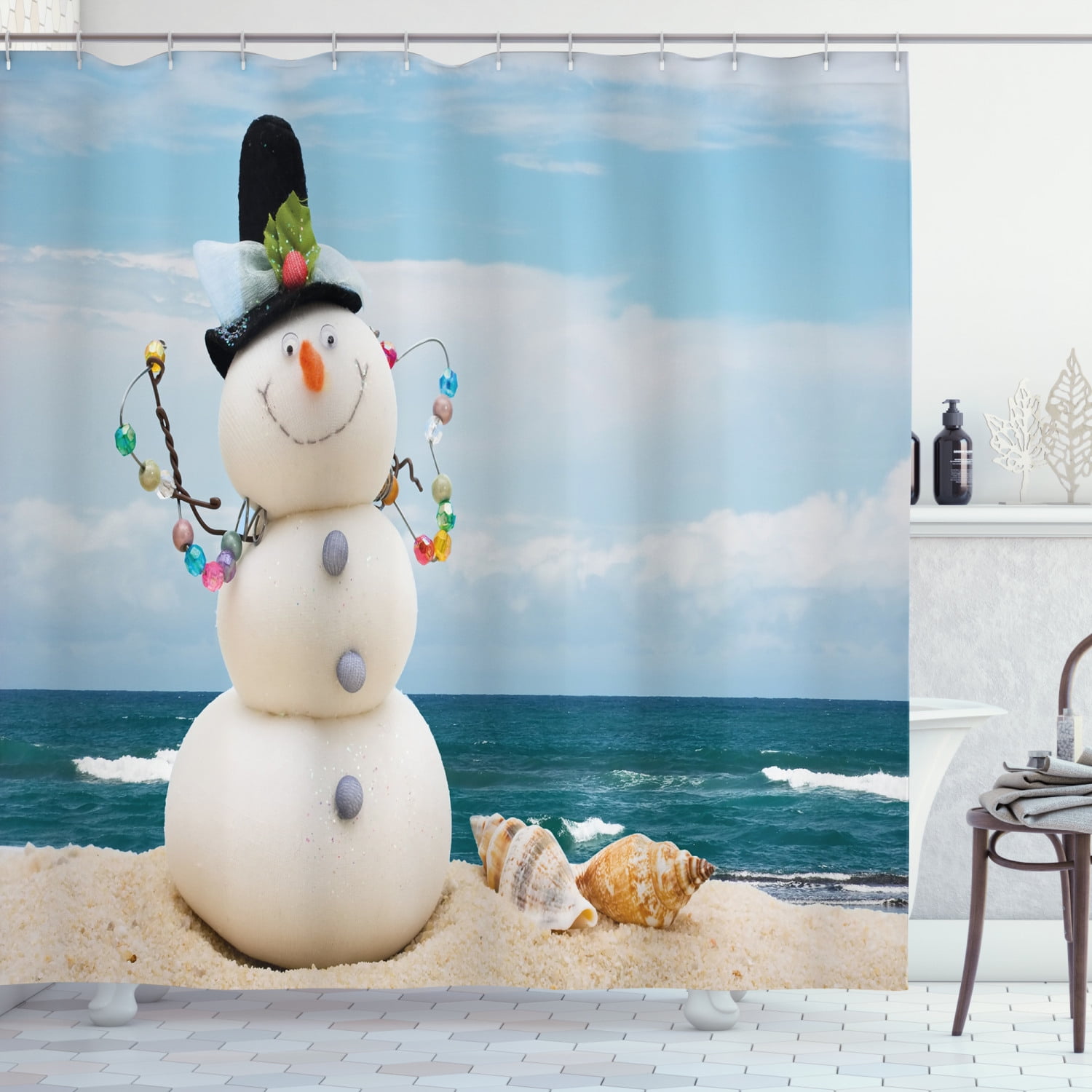 Snowman Holiday Merry Christmas Bathroom Fabric Polyester Shower Curtain &12Hook 