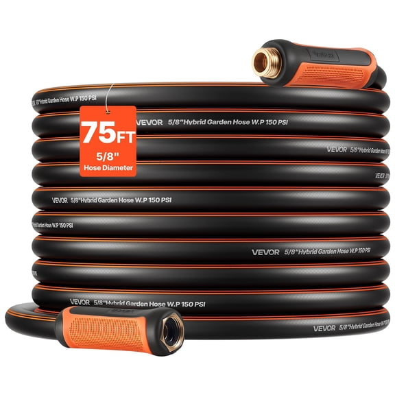 VEVOR Garden Hose, 75 ft 5/8" Heavy Duty 4-Layer Rubber Water Hose, 150PSI Working & 600PSI Burst, Flexible & Non-kink Outdoor Waterhose with 3/4" Fitting, Lightweight Hoses for Gardening Cleaning
