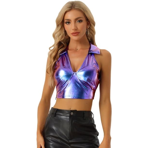 Corpiño de Color Brillante Metálico para Mujer con Cuello Halter Ajustador sin Mangas con Espalda Descubierta Azul S