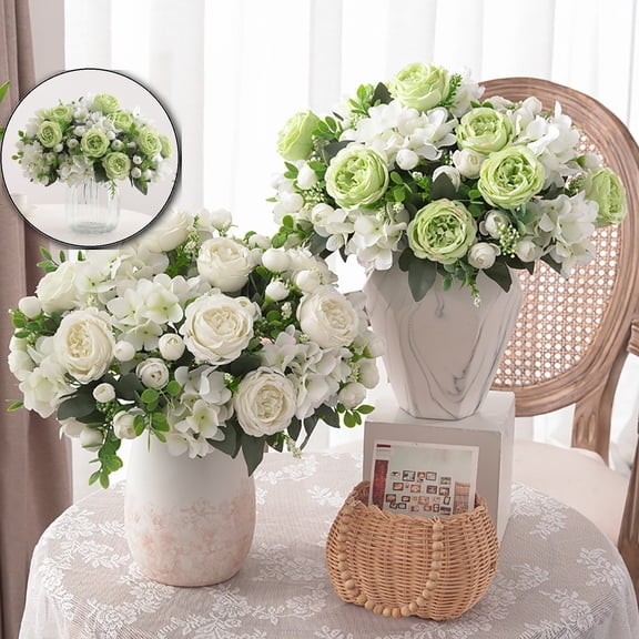 Artificial Silk Flower Bouquet – Realistic Peony & Rose Arrangement with Greenery (12 Inch) – Bendable Stem Fake Flowers for Wedding Centerpieces, Home Decor, Office & Party