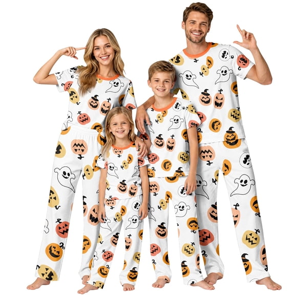 Grblisyd Halloween Family Matching Pajamas Sets Ghost Pumpkin Print Short Sleeve Top & Pants Two Piece Set Sleepwear Pjs