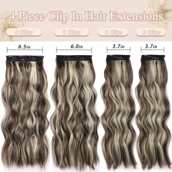 WEIF-Curly Clip in Hair Extensions 4Pcs Long Wavy Hair Synthetic Thick Clip in Extensions 22 Inch for Women # Medium Chestnut Brown Mix Blonde