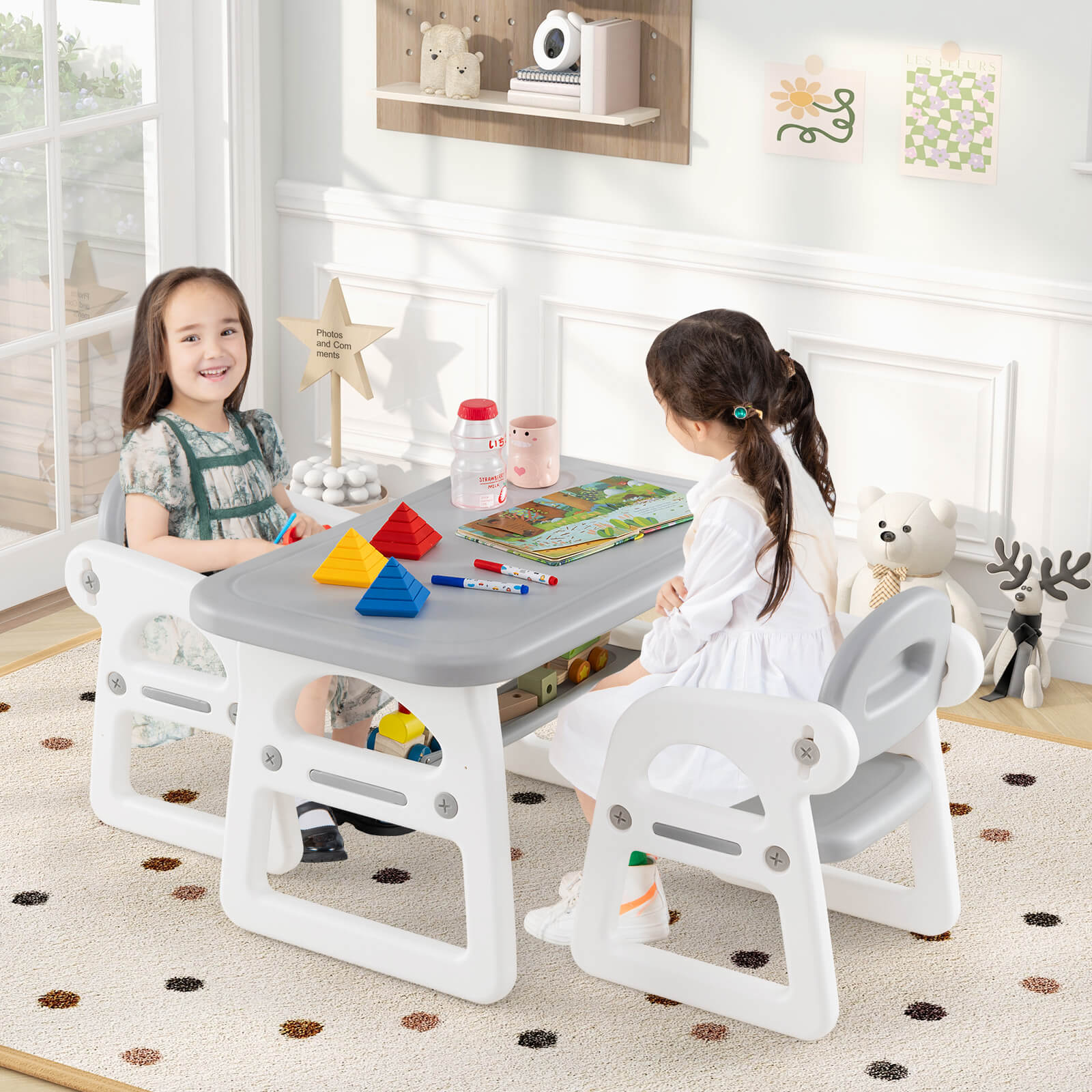 Infans 3-Piece Kids Table and Chair Set Toddler Activity Study Desk w/ Building Blocks