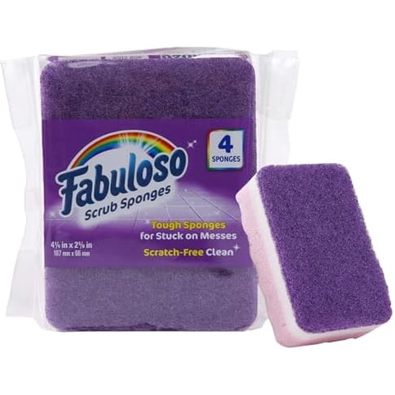 Scratch-Free Kitchen Dish Sponges, Purple Cellulose Scrubber Sponge with Scouring Pad for Dishes, Pots, Pans, Counters and Sinks, Tough on Messes, 4.25 x 2.75 x 1.25 in, 4 Count