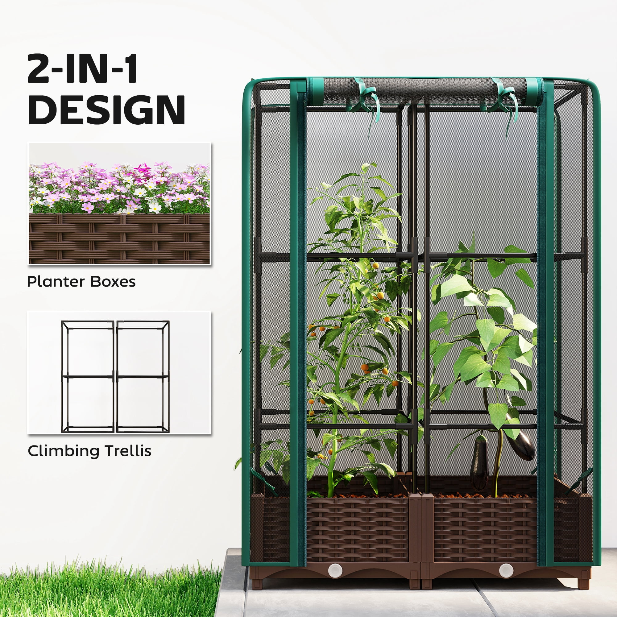 Outsunny Raised Garden Bed with Trellis, 46.5" Tomato Cage with Crop Cage, Self Watering Planter Box with Drainage Holes and Plugs, Green