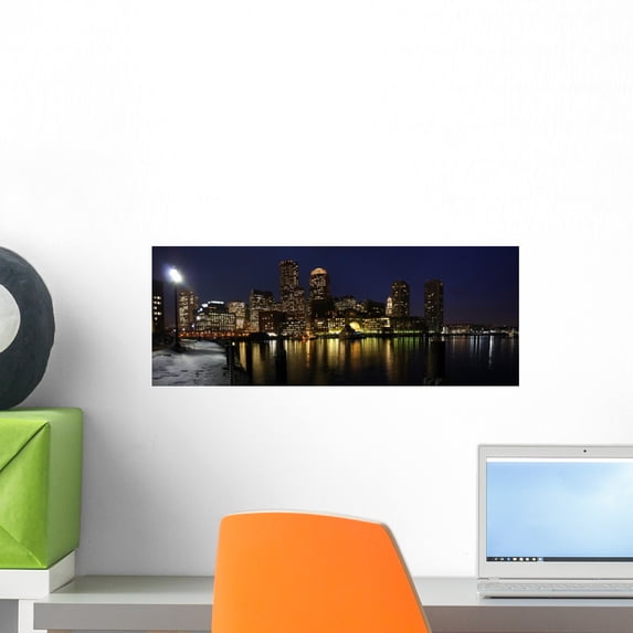 Boston Skyline Panorama Night Wall Mural by Wallmonkeys Peel and Stick Graphic (18 in W x 7 in H) WM214628