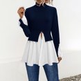 thumbnail image 2 of Long Sleeve Turtleneck Shirts for Women Peplum Hem Casual T-Shirt Fashion Fall Casual Loose Fit Patchwork Blouses (Blue S), 2 of 6
