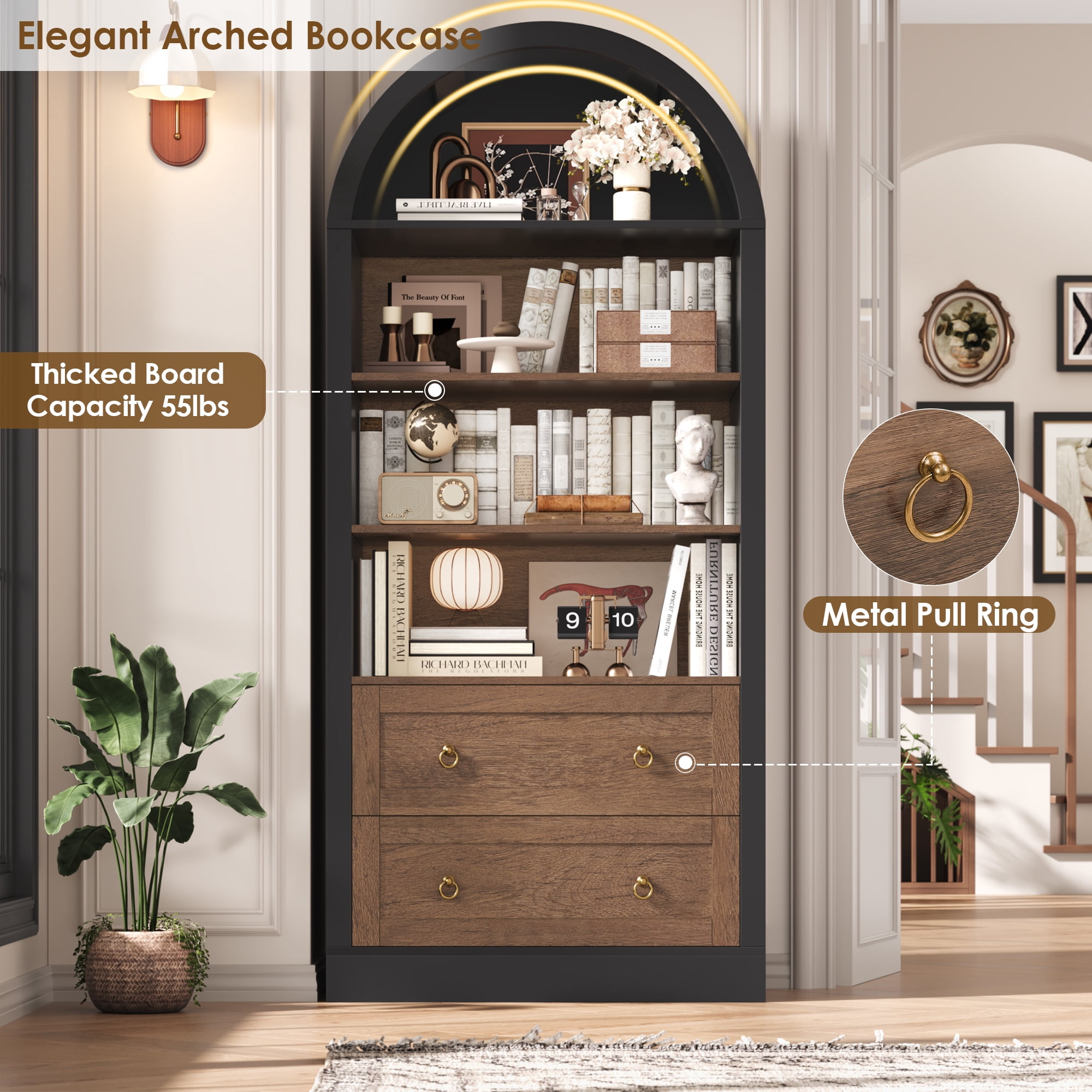 Hiphuta 70"Tall Arched Bookcase, 4-Tier Bookshelves with 2 Large Drawers, Wooden Display Shelf with Storage for Living Room Home Office, Black & Oak