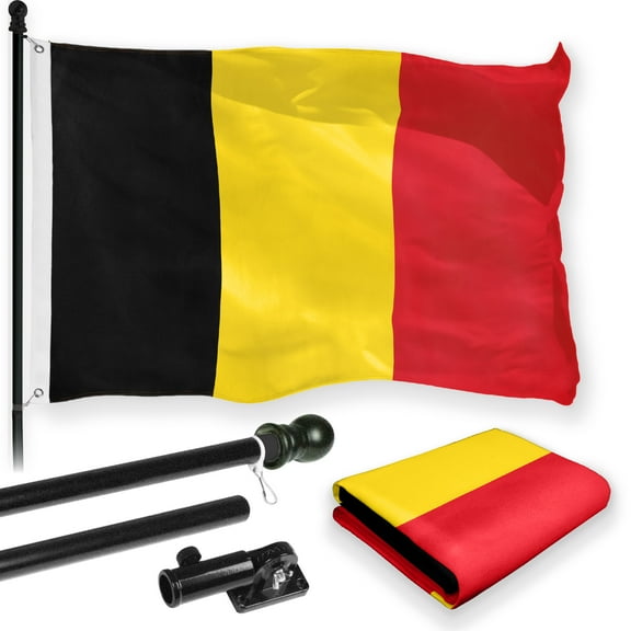 G128 Combo Pack: 6 Feet Tangle Free Spinning Flagpole (Black) Belgium Belgian Flag 3x5 ft Printed 150D Brass Grommets (Flag Included) Aluminum Flag Pole