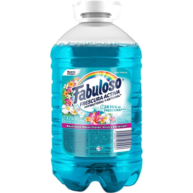 fabuloso frescura activa limpiador multiusos líquido, mar fresco 3.7 l, protección antiviral y antibacterial, limpiador desinfectante, 24hrs de frescura — Botella frontal de 3.7 L con líquido azul, etiqueta central con logo Fabuloso Frescura Activa y texto sobre protección antibacterial y antiviral y 24 hrs de fragancia, tapa blanca de rosca y gráficos florales; indicado para pisos, cocina y baño; también se suele usar diluido en media cubeta para limpieza general.
