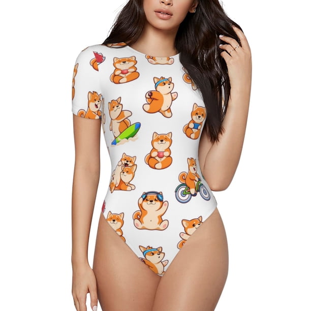 Fotbe Kawaii Shiba Dog Body de Mujer con Cuello Redondo y Mangas Cortas, Sin Mangas Ajustado, Suave, Cómodo y Básico-X-Large