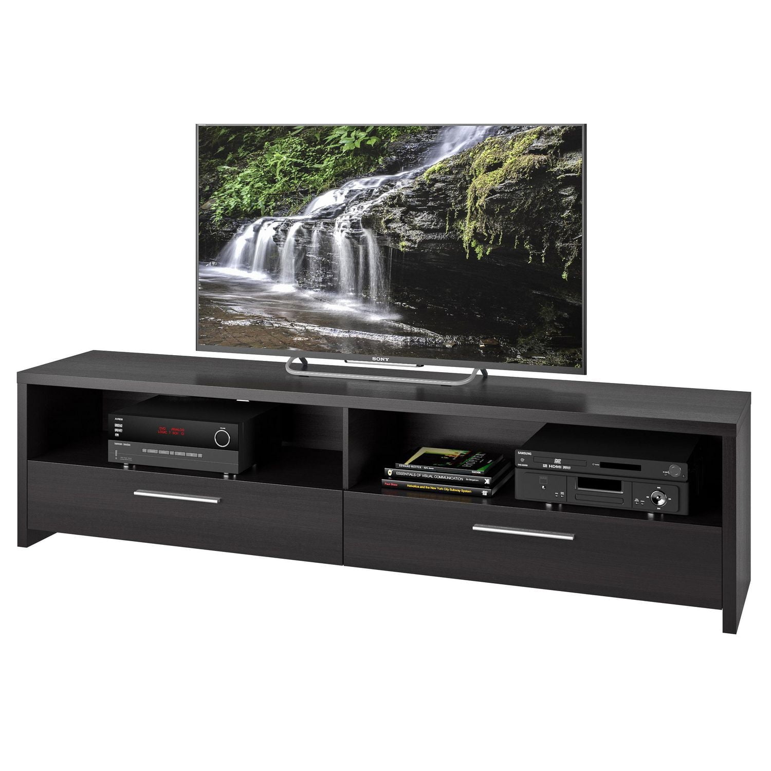 Meuble TV CorLiving Fernbrook en bois d'ingénierie noir avec tiroirs pour la plupart des téléviseurs jusqu'à 95 pouces