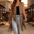 thumbnail image 2 of Vests for Women Western Fringe Sleeveless Vest Hollow Cutout Open Front Layering Jackets Khaki S, 2 of 9