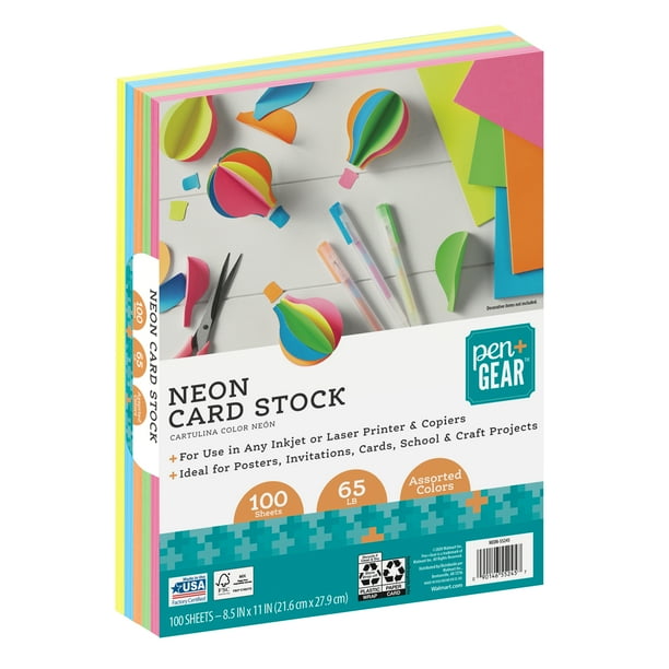 Pen + Gear Cardstock Paper, Assorted Neon, 8.5 x 11, 65 lb, 100 Sheets ...