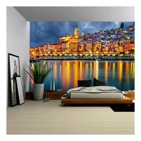 wall26 - Provence Village Menton After Sunset - Removable Wall Mural | Self-Adhesive Large Wallpaper - 66x96 (Best Way To Clean Walls After Removing Wallpaper)