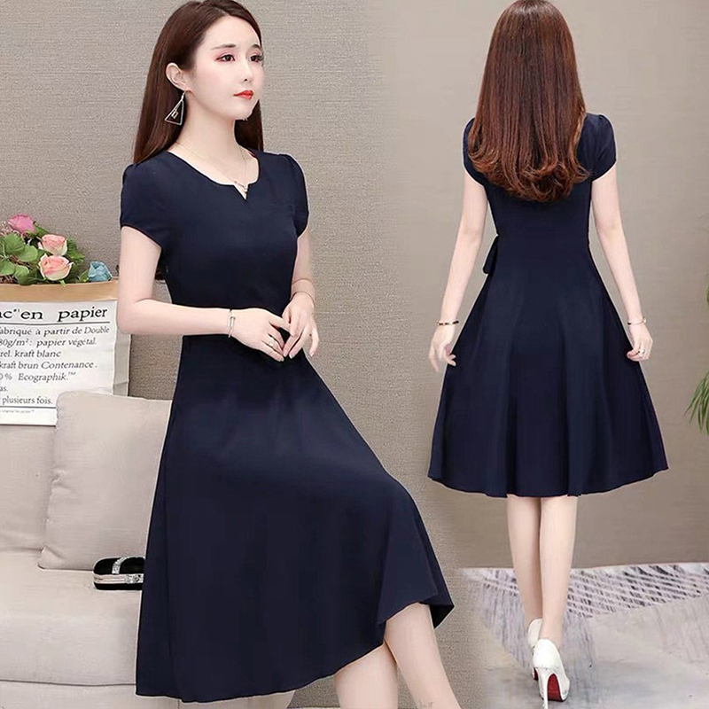 Aeeaying Woman Summer Loose Pure Color Short Sleeves Mid-length Dress  Female Fashion Dress Navy L - Walmart.com