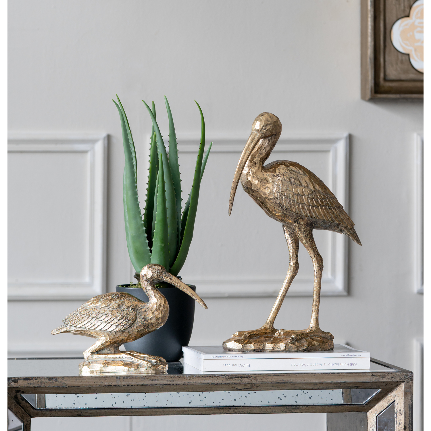 Standing Crane Figurine - 10" x 16" x 3.5" - Antique Gold