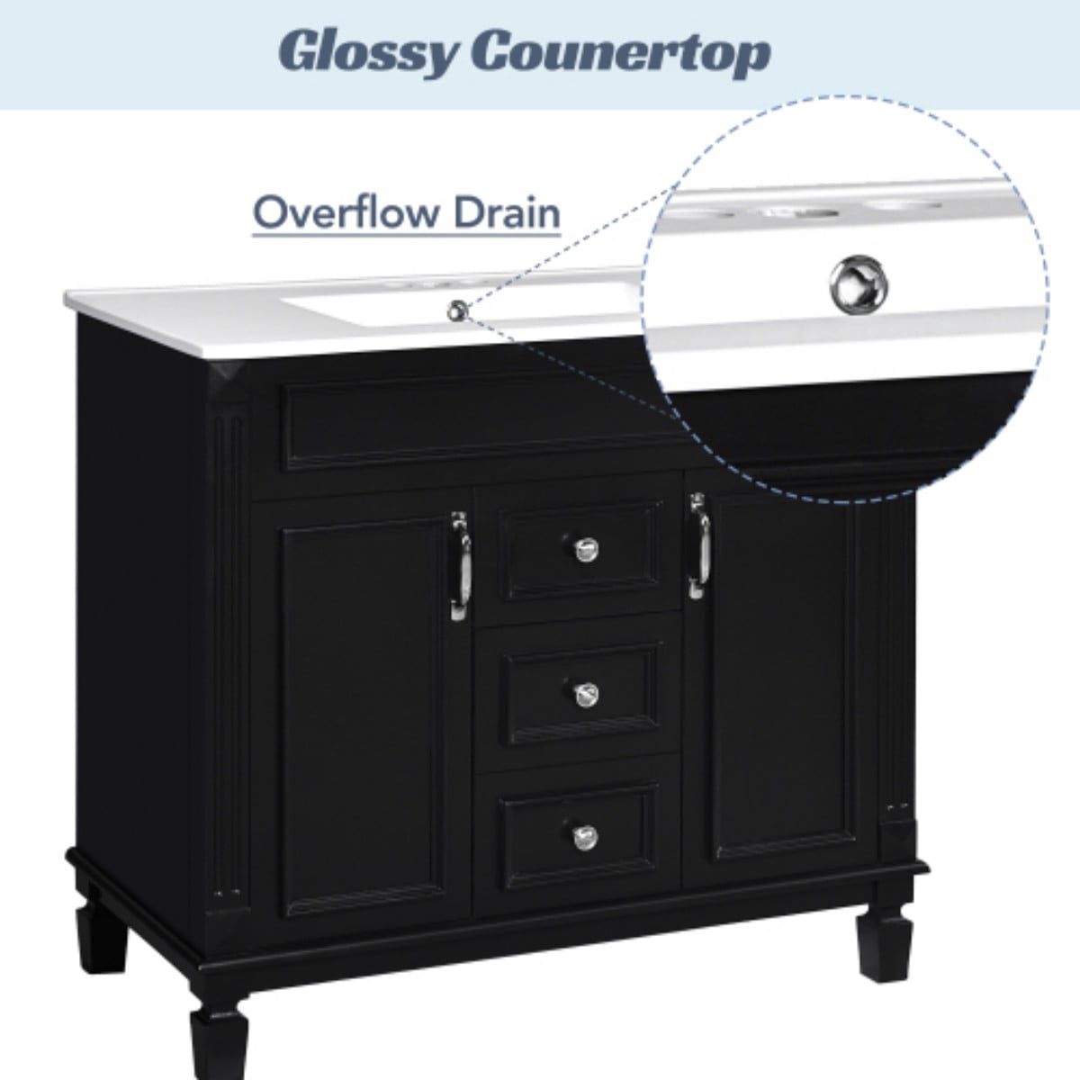36" Bathroom Vanity with Sink, Modern Freestanding Bathroom Vanity Cabinet with Ceramic Basin, Solid Wood Frame, 2 Soft Close Doors, 2 Drawers, Adjustable Shelf, Black