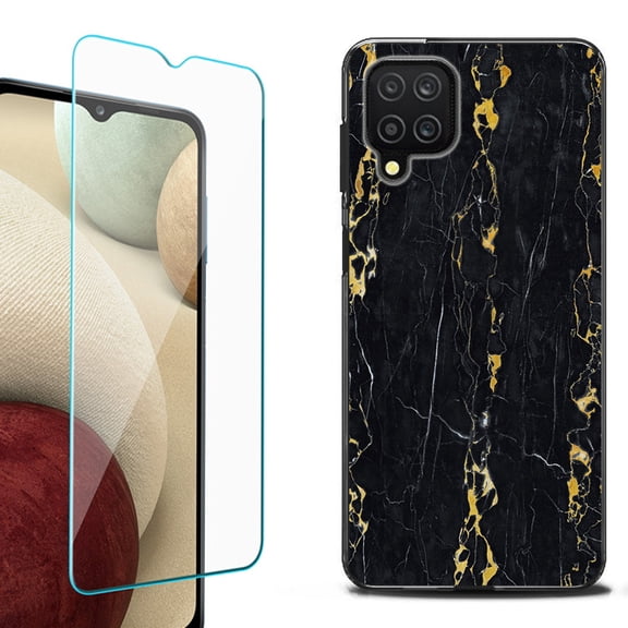 Slim-Fit Flexible TPU Gel Phone Case (black) for Samsung Galaxy A12, with Tempered Glass Screen Protector, by OneToughShield ® - Marble / Gold/Black