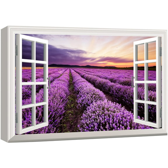 wall26 Canvas Print Wall Art Window View Rows of Lavender Flowers Nature Wilderness Photography Modern Art Rustic Scenic Colorful Ultra for Living Room, Bedroom, Office - 24"x36"