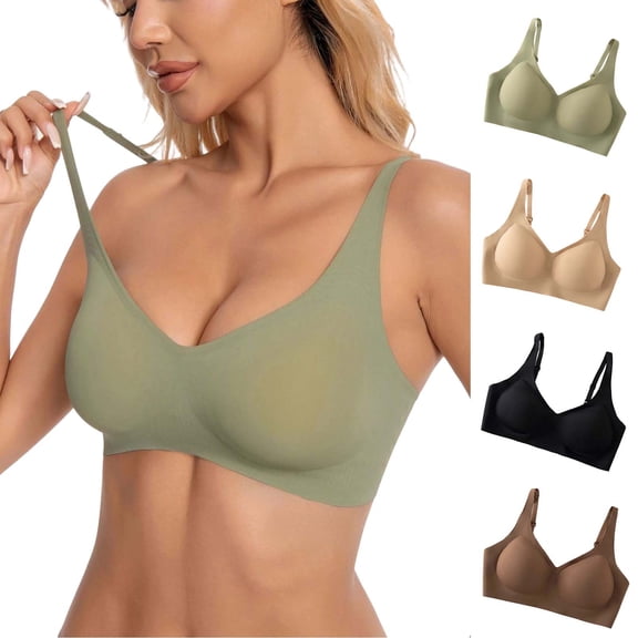 Gealkoca Wirefree Seamless Bra for Women Jelly Bras No Underwire Push Up Bra Soft Comfortable Bralette Full Coverage Solid Color V Neck Everyday Bras